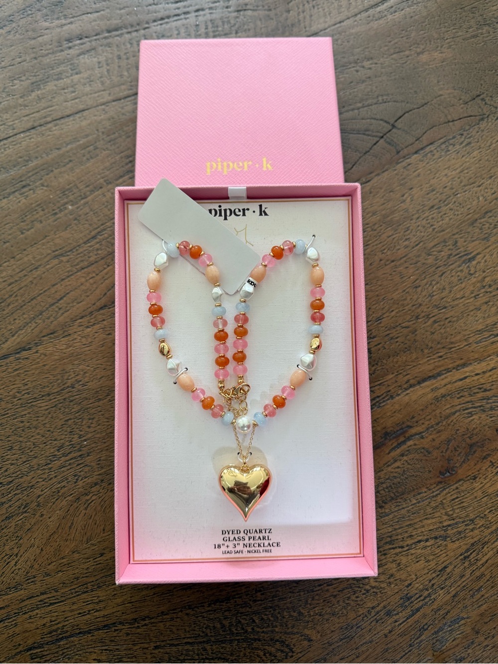 NWT Piper K. Coral & Gold Beaded Heart Pendant Necklace